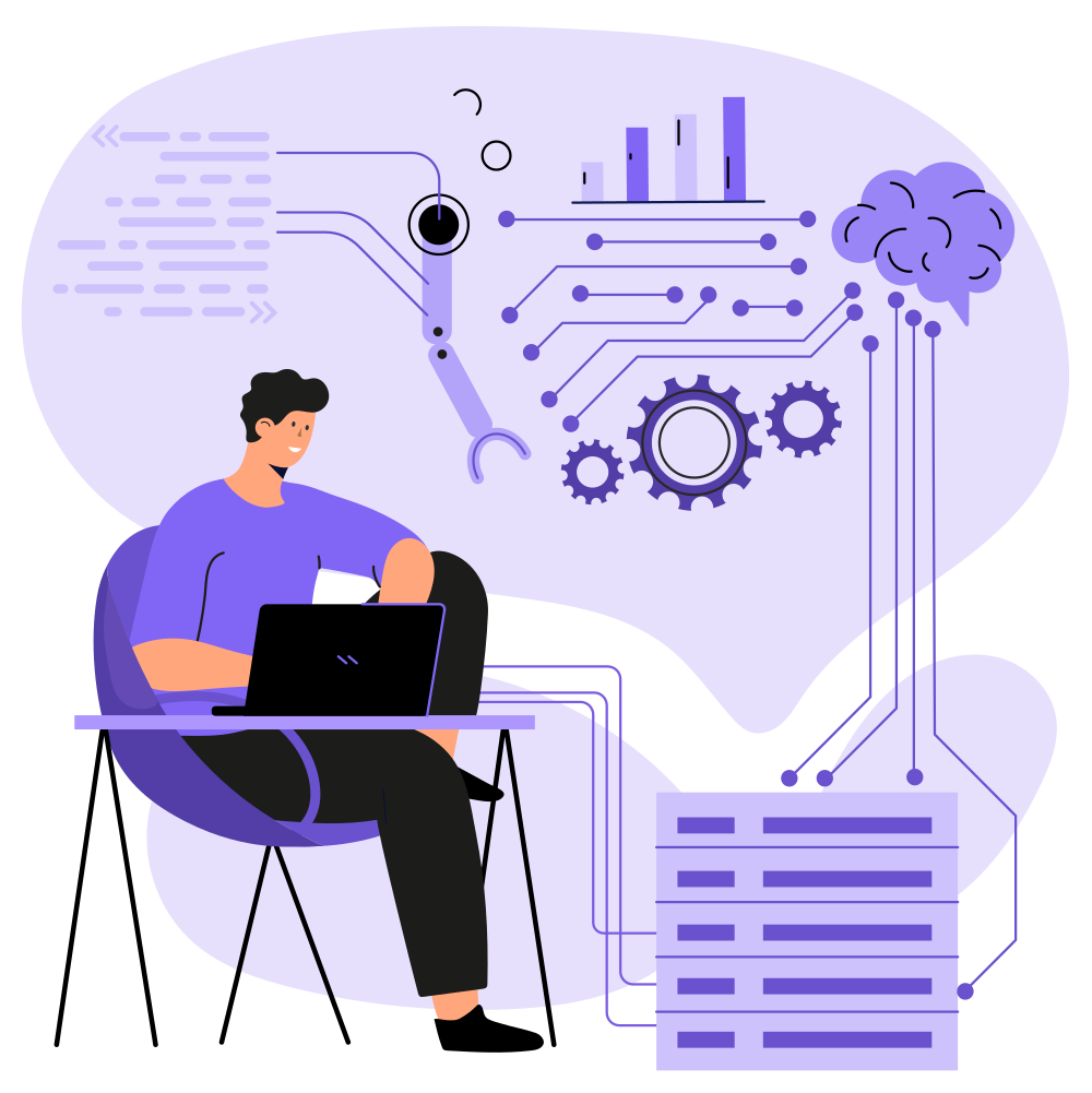 Illustration of a person sitting with a laptop, surrounded by abstract elements like gears, a brain, and charts.