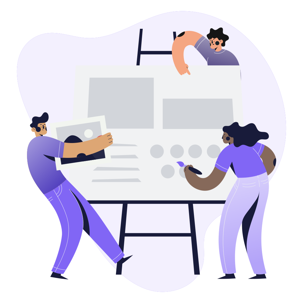 Illustration of three people working together on a large project board with images and buttons.